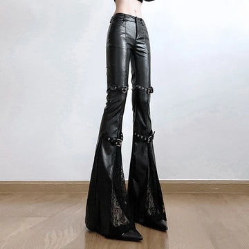 Midnight Reign Buckled Flare Leather Pants